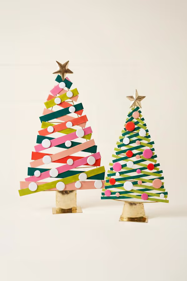 Set of 2 Colorful Painted Metal Christmas Trees with Gold Bases
