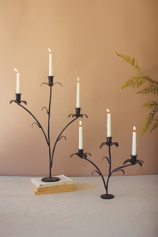 Set of 2 Forged-Iron Triple Taper Candelabras