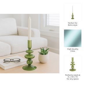 7" VINTAGE GLASS TAPER CANDLE HOLDER, OLIVE 8