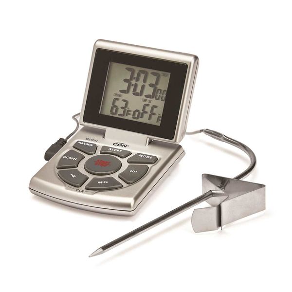 CDN Thermometer/Timer & Clock Digital, Probe, Silver