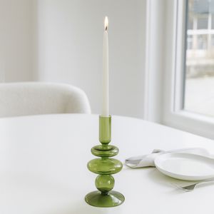 7" VINTAGE GLASS TAPER CANDLE HOLDER, OLIVE 10