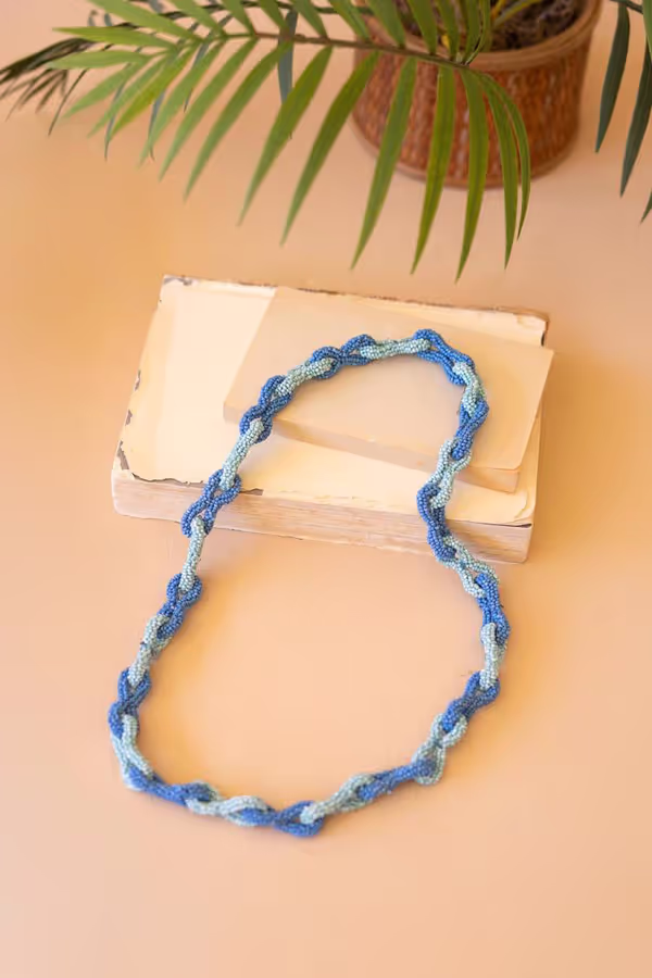 Seed Beaded Chain Necklace / Seaglass & Blueberry
