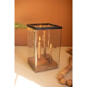 Large Glass Hurricane with a Four Taper Holder Wood Base 2