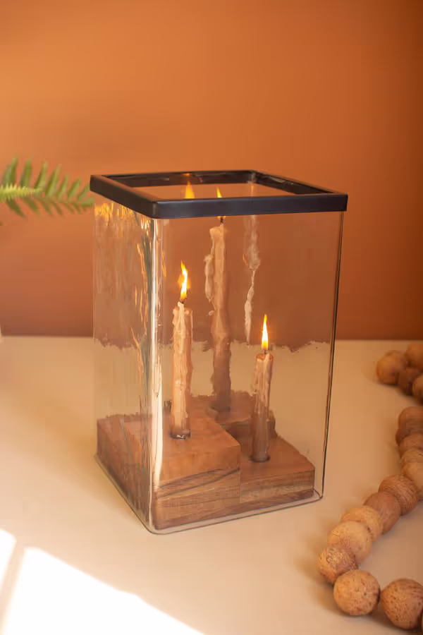 Large Glass Hurricane with a Four Taper Holder Wood Base