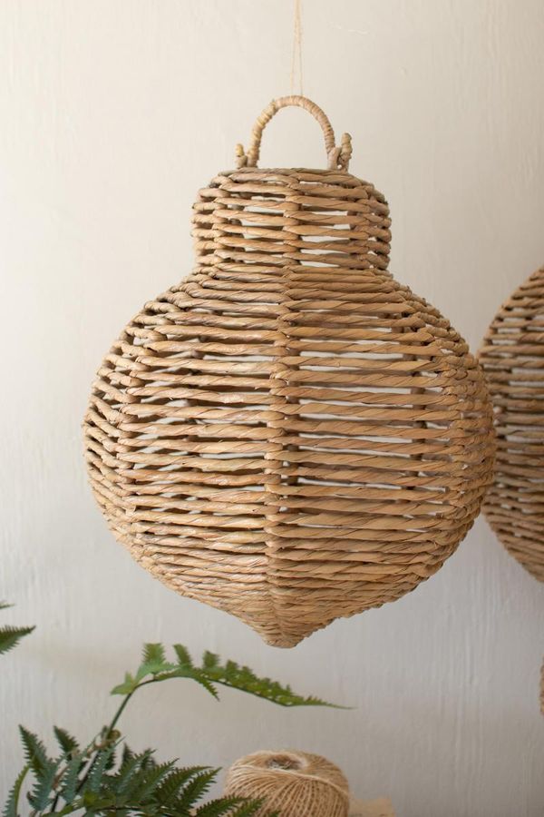 Set of 3 Large Woven Seagrass and Iron Ornaments