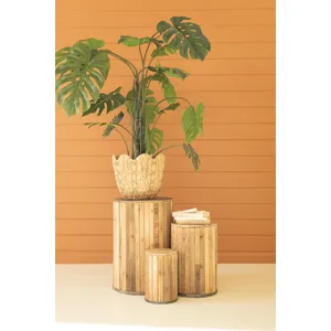 Set of 3 Round Recycled Wood Pedestals with Metal Trim Detail 1