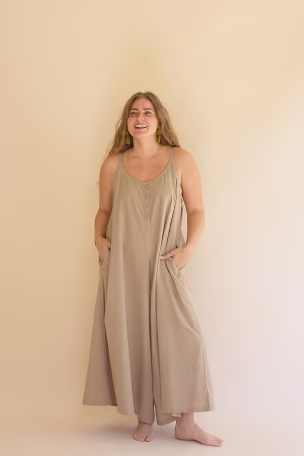 Adjustable Strap Flowy Jumper with Button Detail / Oatmeal