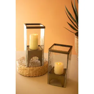 Set of 2 Square Glass Hurricanes with Antique Brass Bases 2