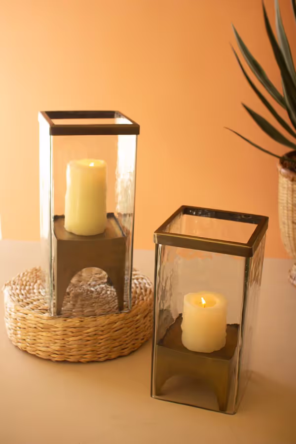 Set of 2 Square Glass Hurricanes with Antique Brass Bases