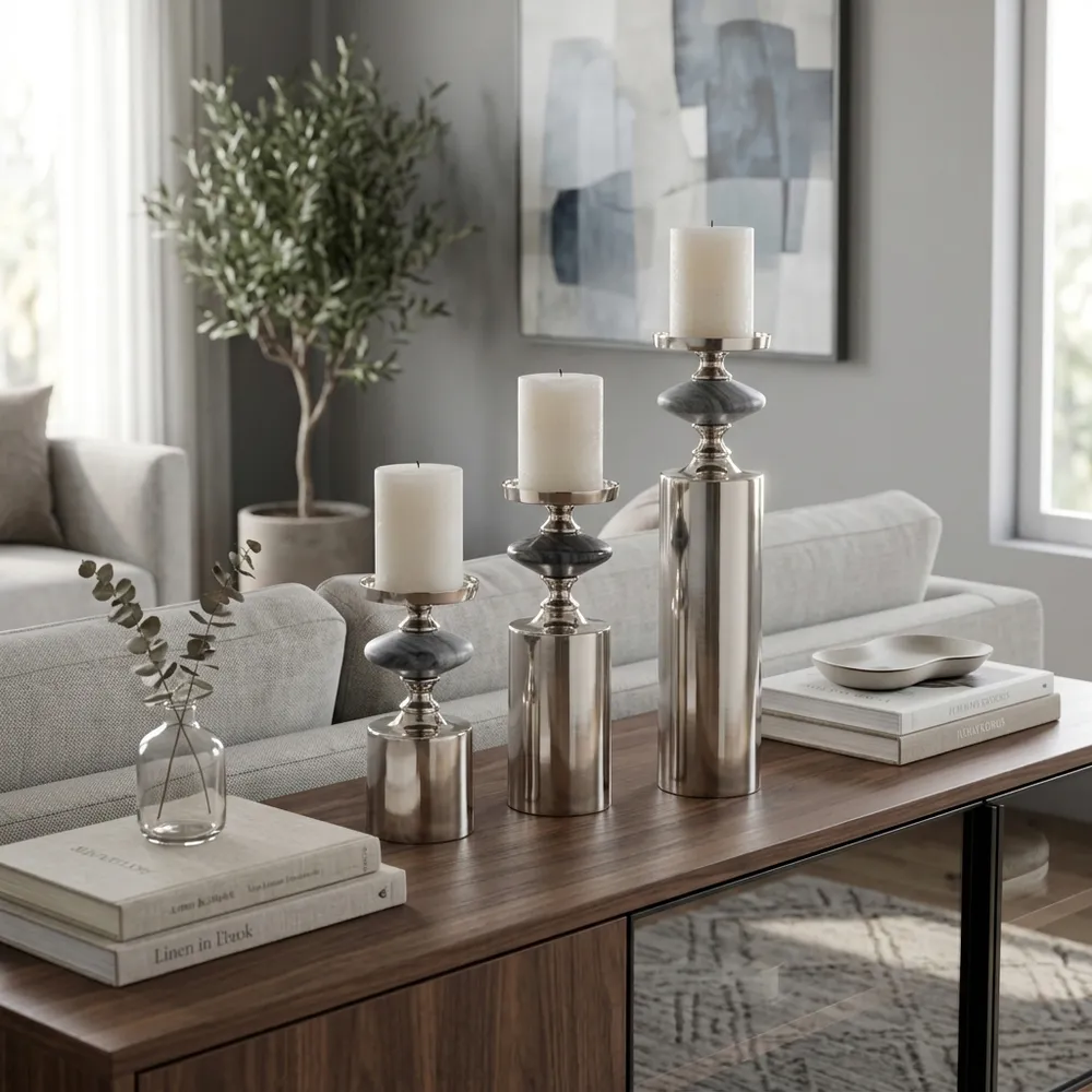 HAMPTONMILL SET OF 3 GRAY CANDLE HOLDER 17 (IN)
