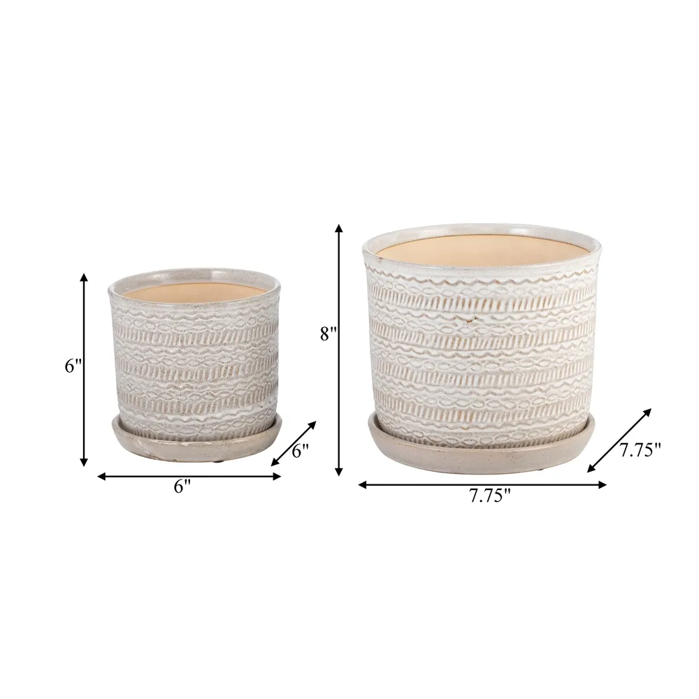 S/2  TRIBAL PLANTER 6/8" W/ SAUCER, BEIGE