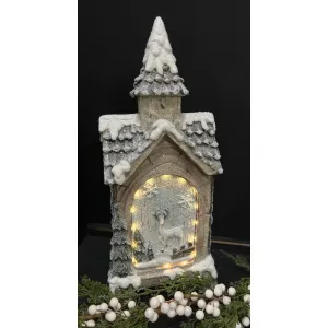 Lighted Resin Church with Deer 8x5x19in 1