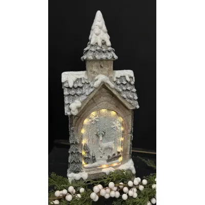 Lighted Resin Church with Deer 8x5x19in