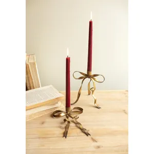 Set of 2 Antique Brass Bow Taper Candle Holders 3