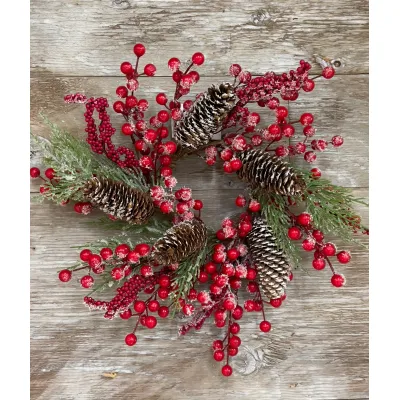 Snow Covered Red Berry Candle Ring 4.5in