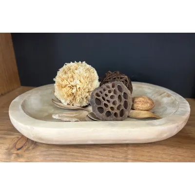White Washed Wooden Oval Tray 12x8x1in