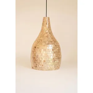 Teardrop Spun Bamboo Pendant Light with Neutral Capiz Shell Detail 4