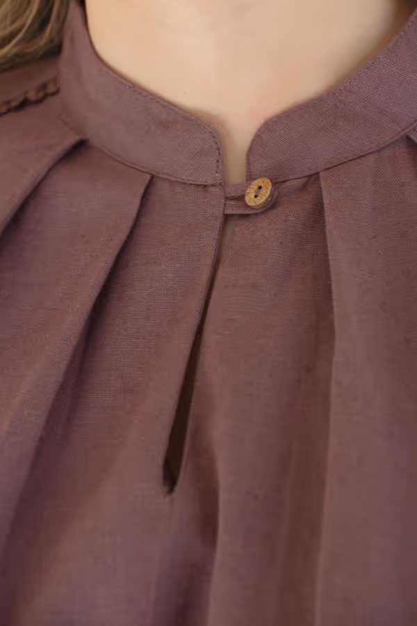 High-Neck Shortsleeve Blouse with Flat Pom-Pom Lace Detail / Mulberry
