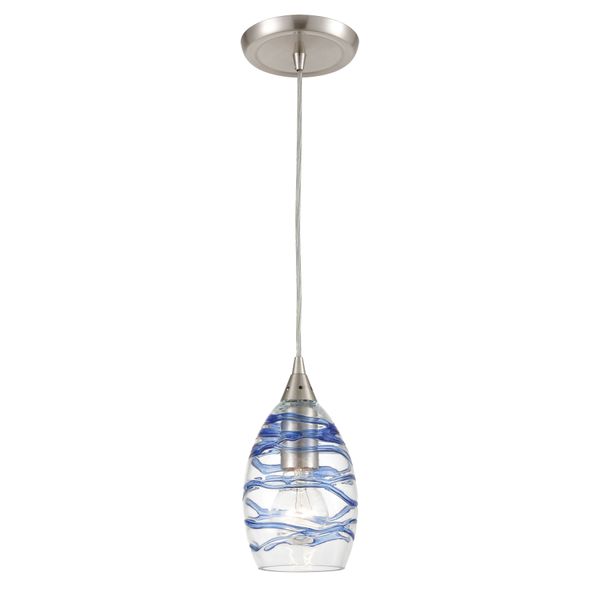Vines 5'' Wide 1-Light Mini Pendant - Satin Nickel with Blue Glass