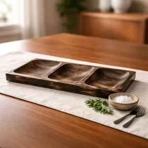 Dark Wood 3 Sectional Tray 18x8x1in 1