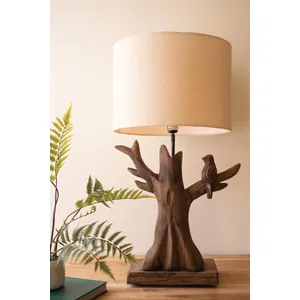 Hand-Carved Mango Wood Tree with Bird Lamp Base with Fabric Shade 1