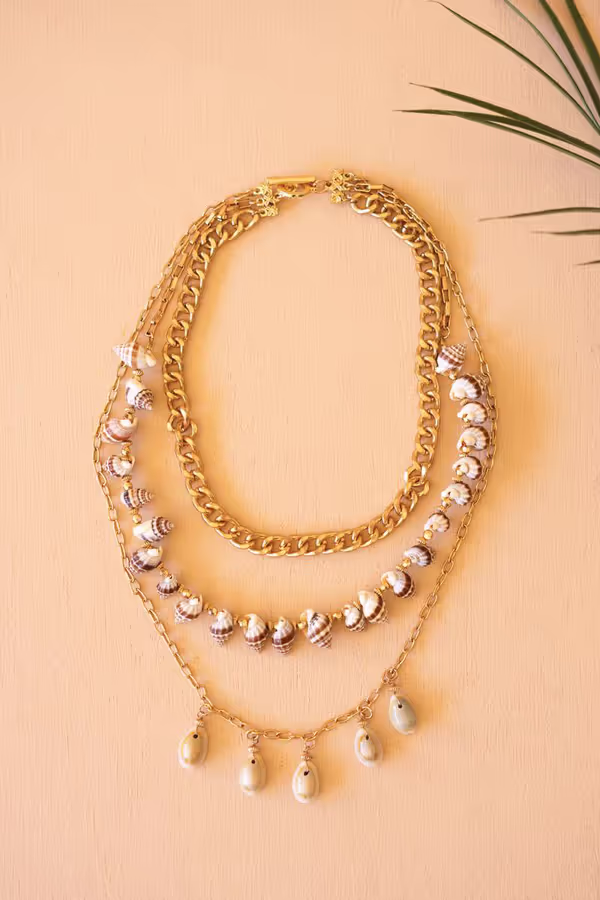 Gold-Tone Chain and Shell Bead Triple Swag Necklace