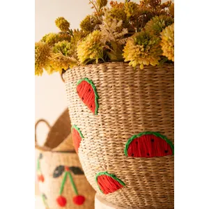 Set of 3 Seagrass Baskets with Embroidered Fruit 2