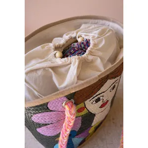 Girl with Blue Birds Hand-Painted Seagrass Bag 3