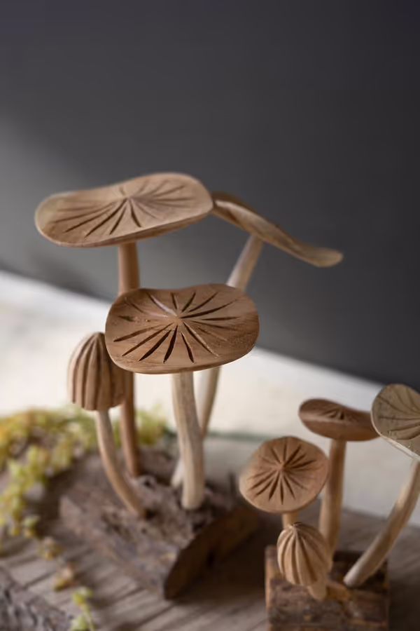 Set of 2 Hand-Carved Teakwood Mushroom Clusters