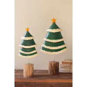 Set of 2 Painted Green and White Metal Christmas Trees on Wooden Bases 2
