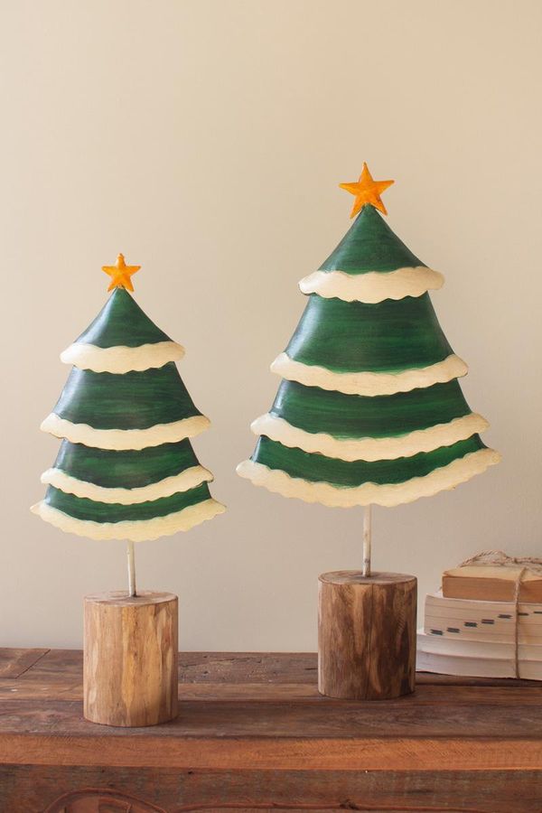 Set of 2 Painted Green and White Metal Christmas Trees on Wooden Bases
