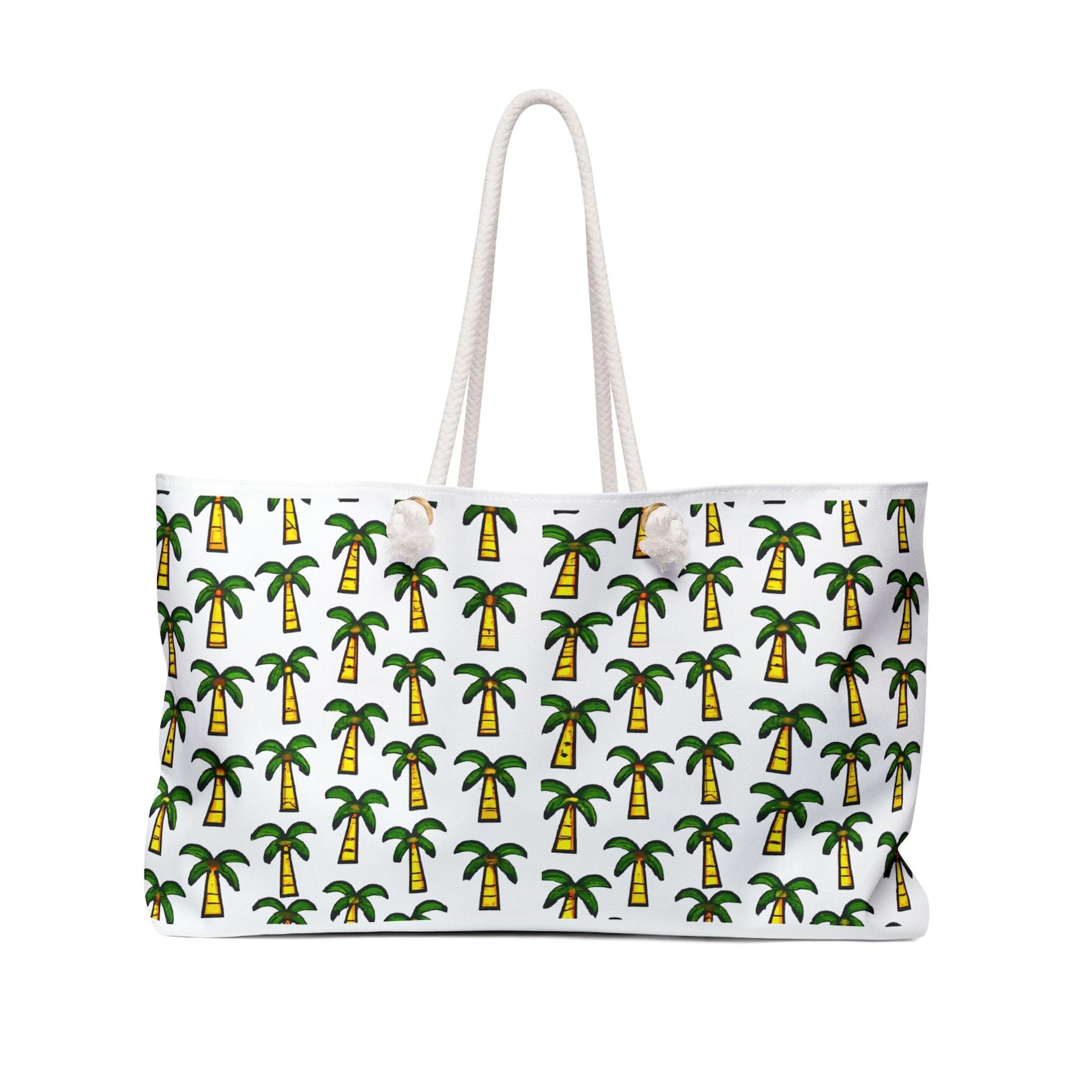 LARGE TOTE W WOVEN HANDLE - SUNSET PALM TREES