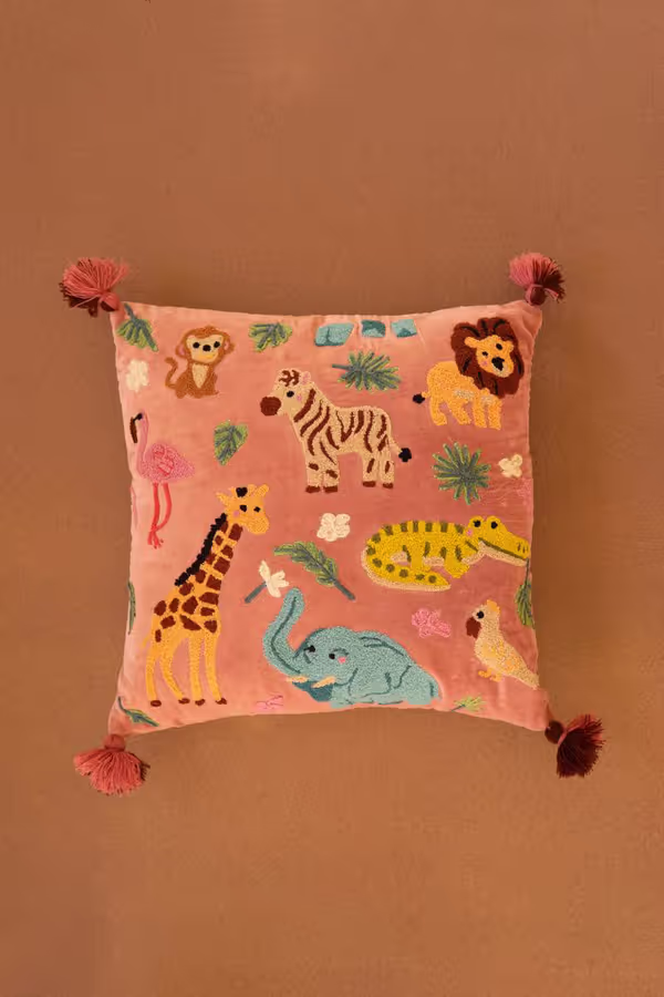 Embroidered Velvet Pillow with Animals