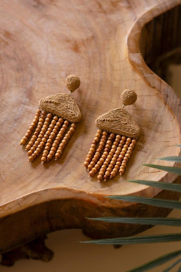 Raffia and Mango Wood Beaded Earrings