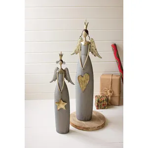 Set of 2 Gold and Grey Christmas Angels Holding a Heart and Star 1