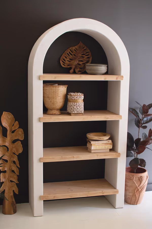 Textured Arched Shelving Unit with Four Wooden Shelves