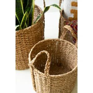 Set of 3 Round Braided Seagrass Storage Basket with Handles 3