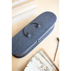 Hand-Etched Oval Iron Box with Hinged Lid 3