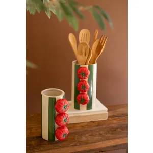 Set of 2 Ceramic Green Striped Vases with Tomatoes 4