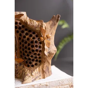 Repurposed Tabletop Wood Sculpture with Hand-Carved Bees 3