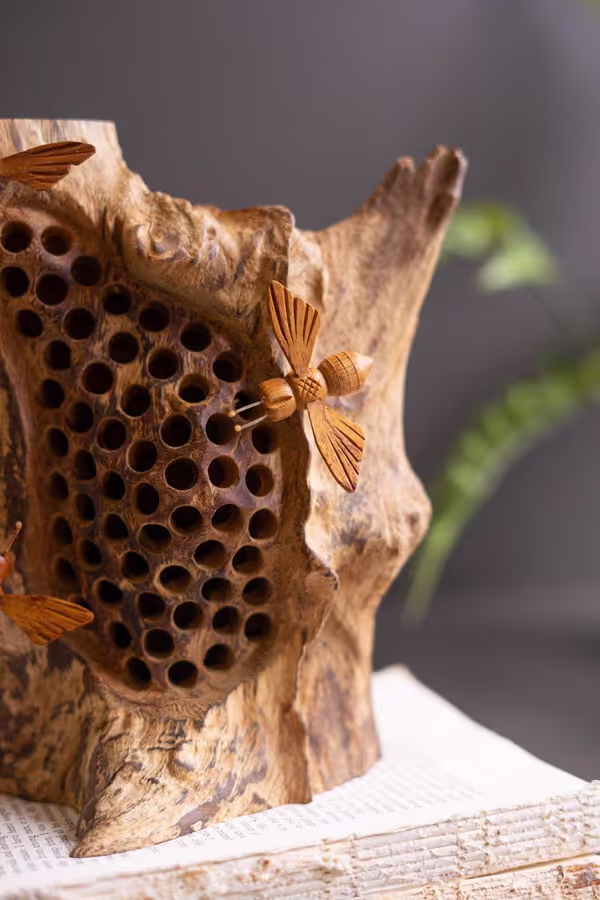 Repurposed Tabletop Wood Sculpture with Hand-Carved Bees