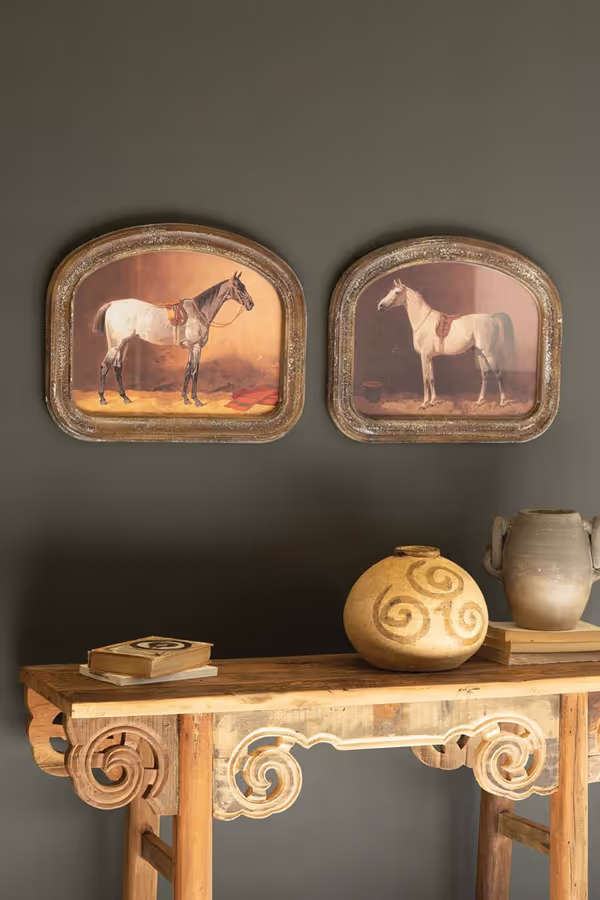 Set of 2 Arched Framed Horse Prints under Glass
