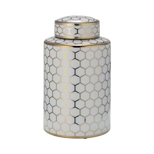CER, 12" HONEYCOMB JAR W/ LID, GOLD 1