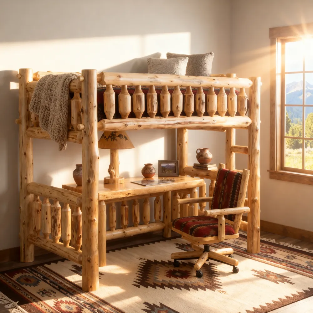 Cedar Log Traditional Loft Bed - Ladder Left - Coffee