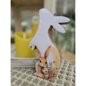 White Enamel Print Wooden Bunny 7x4in 1