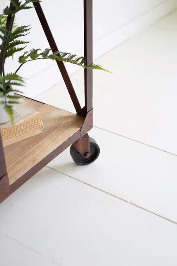 Iron and Wood Display with Alternating Shelves and Iron Casters