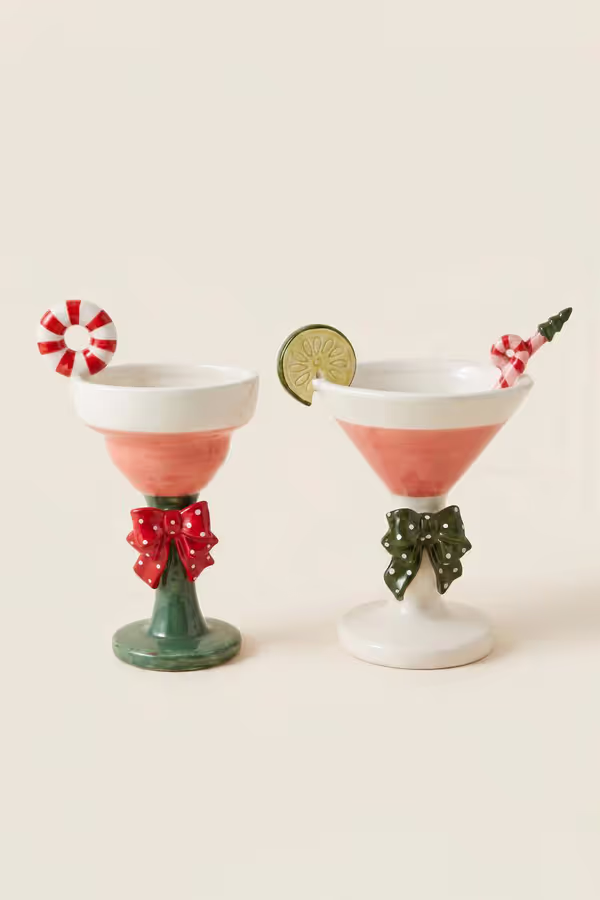 Set of 2 Novelty Ceramic Christmas Martini Glasses