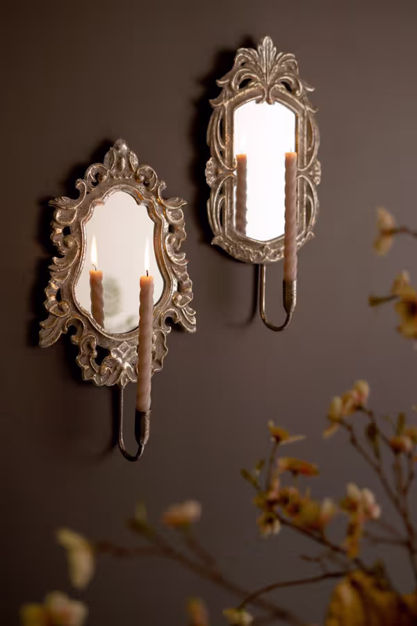Set of 2 Ornate Rustic Metal Framed Mirror Taper Sconces