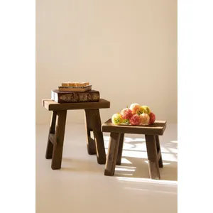 Set of 2 Dark Brown Rectangle Wood Stools 5