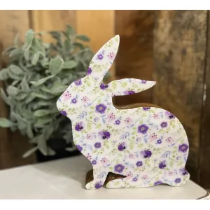 Wooden Bunny Sitter with a Purple Floral Print 8x7in 2